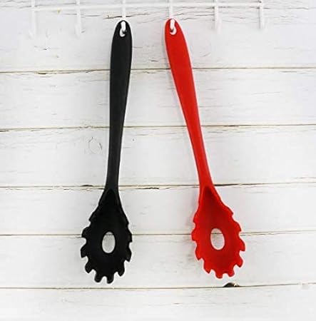 Spaghetti Spoon Pasta Fork,11Inch Silicone Pasta Fork,High Heat Resistant to 480F, Hygienic One Piece Design, Spaghetti Strainer  Server Spoon Ideal for cooking(Black)