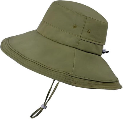 Unisex Wide Brim Nylon Bucket Hat, 11cm Brim, UV Sun Protection, Waterproof Quick-Dry, Adjustable Chin Strap, Lightweight