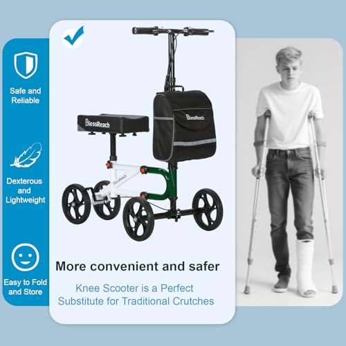 Knee Scooter Steerable Knee Walker for Foot Injuries Compact Crutch Alternative with Dual Braking System (Green)
