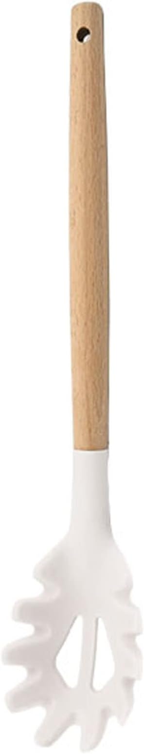 1pc White Silicone Pasta Server with Wooden Handle, Heat Resistant Cooking Utensils for Pasta Noodle Spaghetti Strainer