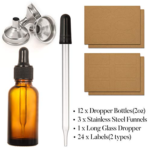 12 Pack, 2 oz Glass Dropper Bottle with 2 Stainless Steel Funnels & 2 Long Glass Dropper - 60ml Amber Tincture Bottles with Eye Droppers for Essential Oils, Liquids - Leakproof Travel Bottle