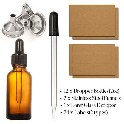 12 Pack, 2 oz Glass Dropper Bottle with 2 Stainless Steel Funnels & 2 Long Glass Dropper - 60ml Amber Tincture Bottles with Eye Droppers for Essential Oils, Liquids - Leakproof Travel Bottle