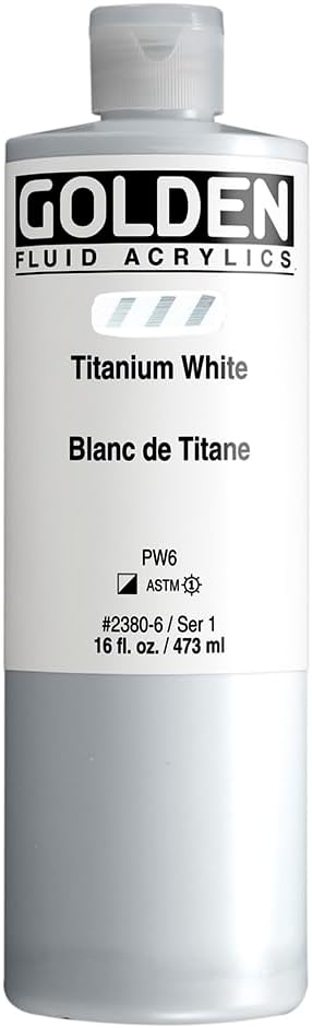 GOLDEN Fluid Acrylics, Titanium White, 16 fl. oz. Bottle Artist grade acrylic paint with rich pigment load and a flowing constency useful for even coverage and fine details.