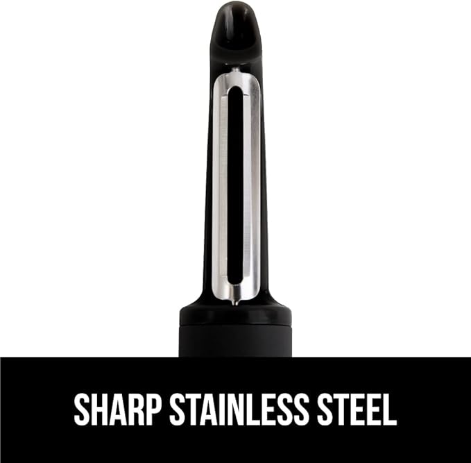 Gorilla Grip Sharp Stainless Steel Swivel Vegetable Peeler, Comfortable Handle, Dishwasher Safe, Potato Peelers for Kitchen, Smooth Peeling, Peel Veggies, Apple, Corn, Includes Blade Guard, Black