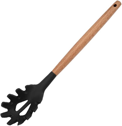 1pc Black Pasta Server, Silicone Pasta Fork with Wooden Handle, Noodle Spoon & Strainer