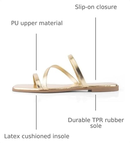Strappy Flat Sandals For Women Slip On Square Open Toe Slides Sandals