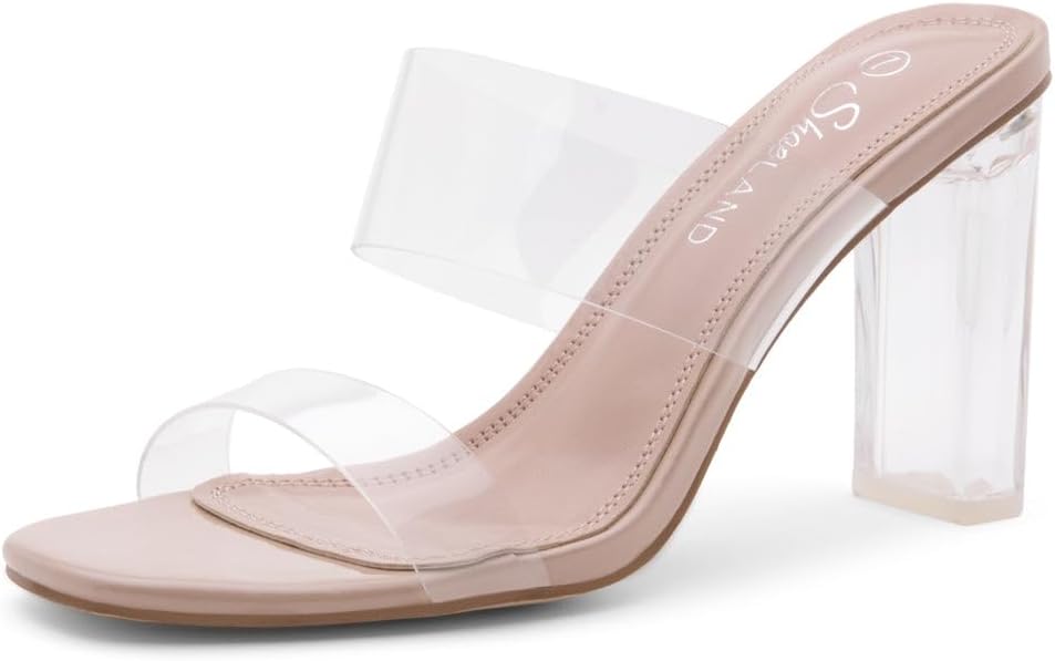 Clear Heels for Women | Transparent Two Strap High Block Chunky Heeled Mules | Slip-On Dressy Clear Sandals for Prom, Wedding, Party & Formal Events
