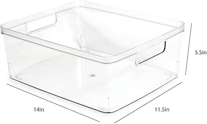 Isaac Jacobs 2-Pack Large Clear Storage Bins (11.5 L x 14 W x 5.5 H) wCutout Handles, Plastic Organizer for Home, Office, Kitchen, FridgeFreezer, Bathroom, BPA Free, Food Safe (Large)