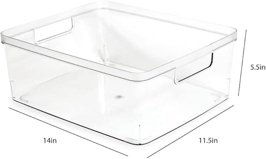 Isaac Jacobs 2-Pack Large Clear Storage Bins (11.5 L x 14 W x 5.5 H) wCutout Handles, Plastic Organizer for Home, Office, Kitchen, FridgeFreezer, Bathroom, BPA Free, Food Safe (Large)