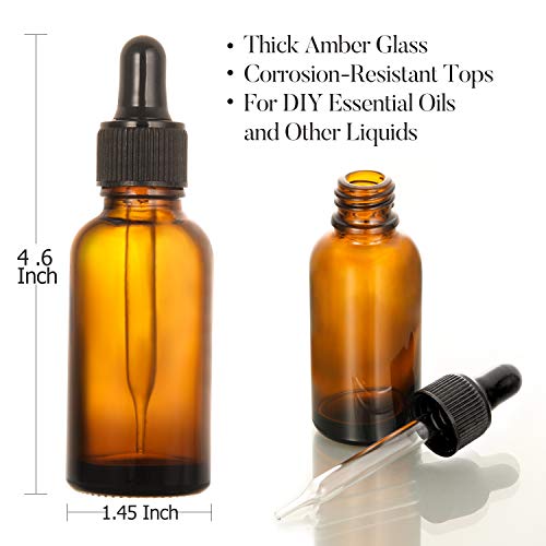 12 Pack, 2 oz Glass Dropper Bottle with 2 Stainless Steel Funnels & 2 Long Glass Dropper - 60ml Amber Tincture Bottles with Eye Droppers for Essential Oils, Liquids - Leakproof Travel Bottle