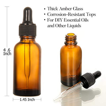 12 Pack, 2 oz Glass Dropper Bottle with 2 Stainless Steel Funnels & 2 Long Glass Dropper - 60ml Amber Tincture Bottles with Eye Droppers for Essential Oils, Liquids - Leakproof Travel Bottle