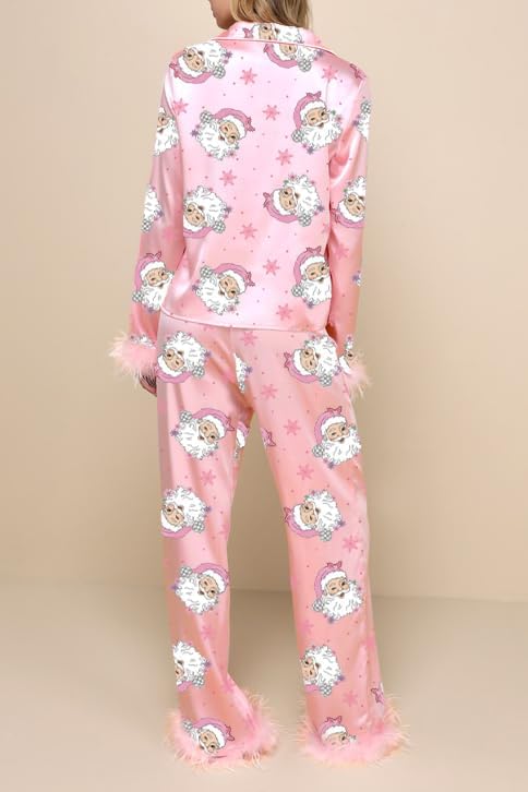 Women's Satin Silk Pajamas Sexy Feather Trim Long Sleeve Button Up Pjs Shirt Sleep Pajama Pants 2 Piece Lounge Sets