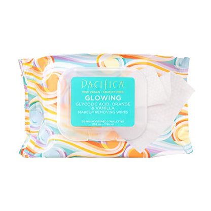 Pacifica Makeup Remover Face Wipes - Daily Facial Cleansing & Exfoliating Towelettes - Biodegradable - Organic - w/Gycolic Acid - Clean Beauty Vegan & Cruelty-Free Dermatologist Tested (Pack of 2)