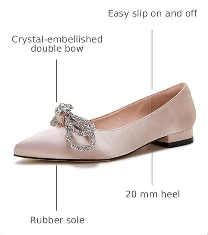 Women's Ballet Flats Double Bow Pointed Toe Casual Comfortable Slip on Flat Ballerina Shoes