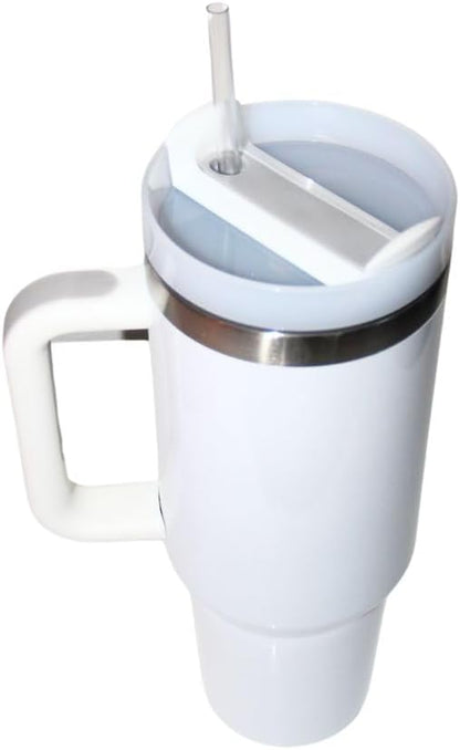40oz Tumbler with Handle and Straw Lid, Stainless Steel Double Wall Vacuum Insulated Water Bottle, Travel Mug, Cup Holder Friendly (White)