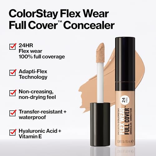 Revlon ColorStay Flex Wear, Full Cover Non-Creasing Concealer, Infused with Hyaluronic Acid & Vitamin E, Flexible Longwear, 030 Light Medium, 0.34 Fl Oz