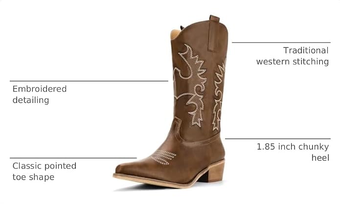IDIFU Women's Cowboy Boots for Women Cowgirl Western Mid Calf Embroidered Chunky Low Heel Pointed Toe Country Dress Cute Fashion Comfortable Boots Booties