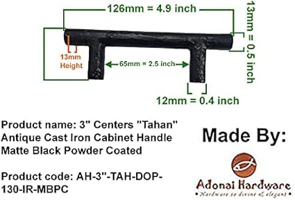 Adonai Hardware 3 Inch Centers Tahan Antique Cast Iron T Bar Cabinet PullHandle (Supplied as 2 Pieces per Pack) - Matte Black Powder Coated