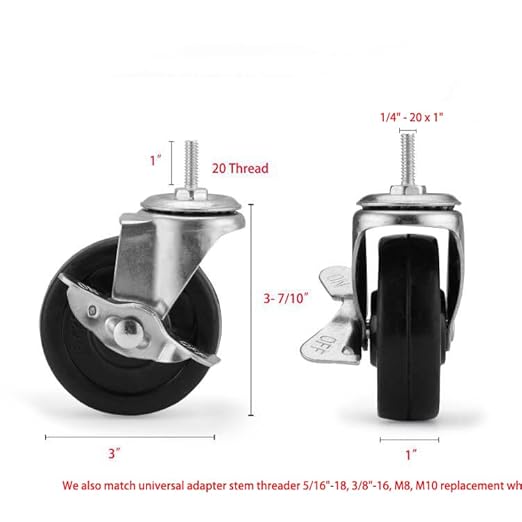 3-Inch Replacement Casters for Wire Shelving - Heavy Duty 1/4-20 Threaded Wheels (Set of 4) with Locking Brakes