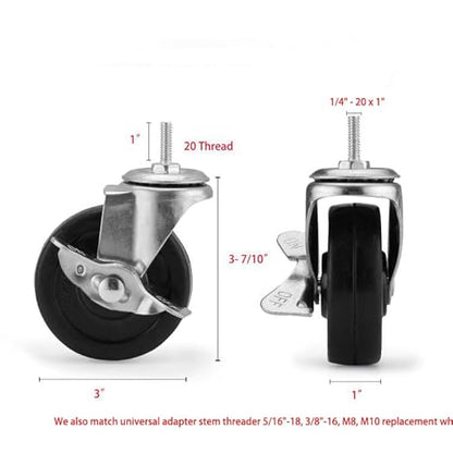 3-Inch Replacement Casters for Wire Shelving - Heavy Duty 1/4-20 Threaded Wheels (Set of 4) with Locking Brakes