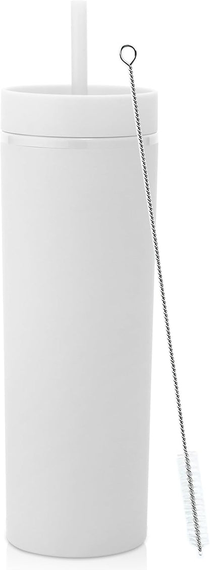 Volhoply 20oz Plastic Skinny Tumbler,Double Wall Tumblers with Lid and Straw,Reusable Travel Iced Coffee Mug,BPA Free Matte Acrylic Water Cups With Straw for Parties,DIY Gifts(White,1 Set) (Has Slight Cosmetic Defect)