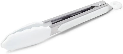 Sur La Table Silicone-Tipped Tongs, 9 in, White, Locking Tongs with Silicone Tips for Nonstick- Gripping and Turning, 9 in