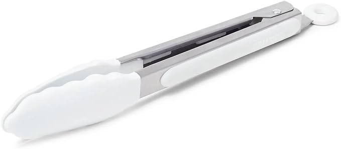 Sur La Table Silicone-Tipped Tongs, 9 in, White, Locking Tongs with Silicone Tips for Nonstick- Gripping and Turning, 9 in