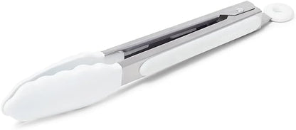 Sur La Table Silicone-Tipped Tongs, 9 in, White, Locking Tongs with Silicone Tips for Nonstick- Gripping and Turning, 9 in