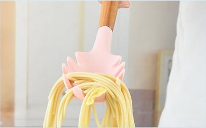 Wooden Handle Pasta Fork Spoon 12.4" Silicone Spaghetti Fork Food Grade Noodle Spoon, BPA Free, Spaghetti Spoons Strainer  Server Spoonss (Pink)