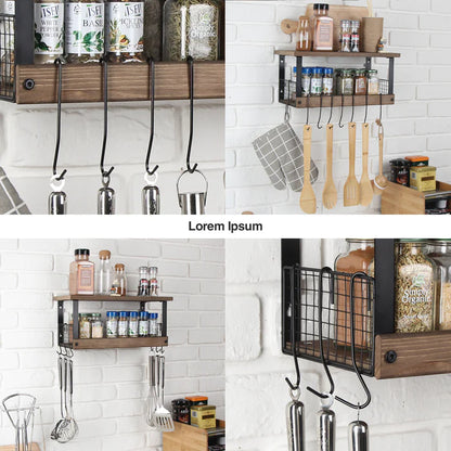 2 Tier Rustic Torched Wood Kitchen Storage Shelf with 8 Hooks