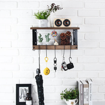 2 Tier Rustic Torched Wood Kitchen Storage Shelf with 8 Hooks