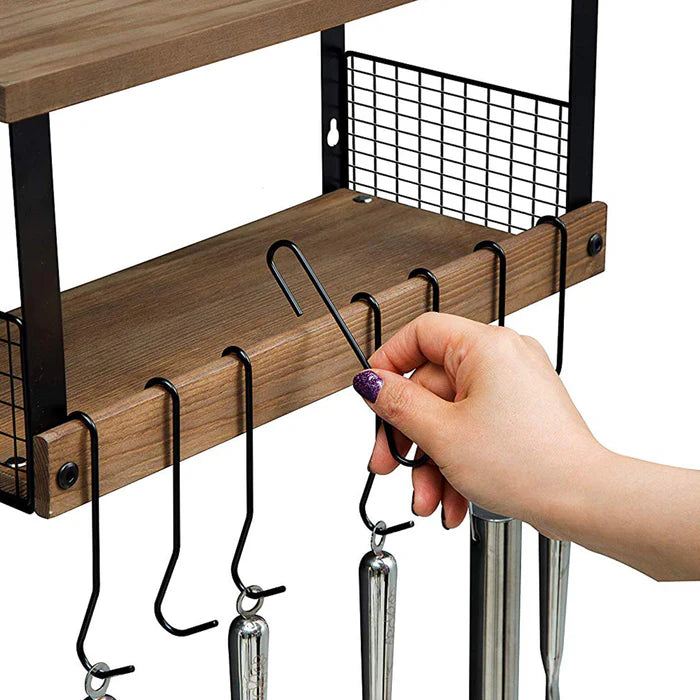 2 Tier Rustic Torched Wood Kitchen Storage Shelf with 8 Hooks