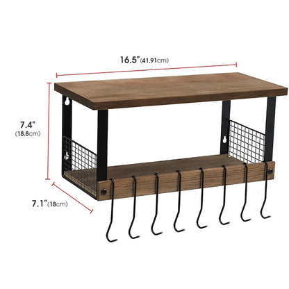 2 Tier Rustic Torched Wood Kitchen Storage Shelf with 8 Hooks