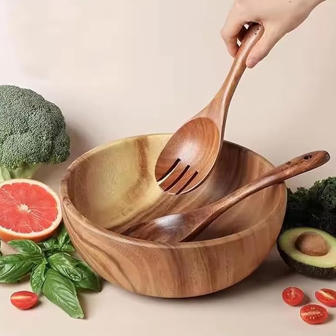 Wooden Spoon Fork Cutlery Set, Japanese Style Long Handle Serving Salad Scoop, Kitchen Utensil Large Dinnerware Set