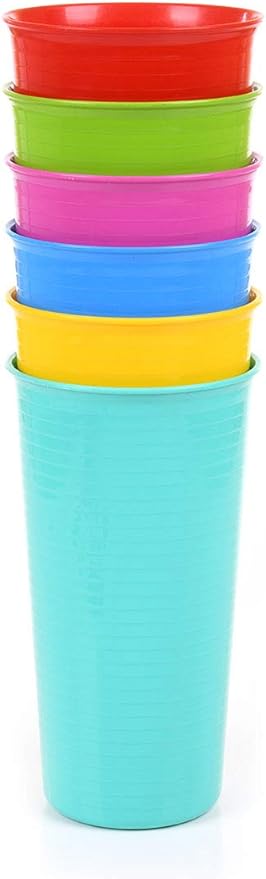 Mintra Home Reusable Plastic Cups 28 Ounce - 6pk (Assorted) for Party, Kids, Kitchen, Drinks, Lemonade, Juice, Soda, BPA Free, Dishwasher Safe, Poolside, Shatterproof, Heavy Duty, (7.125inH x 3.75inW)