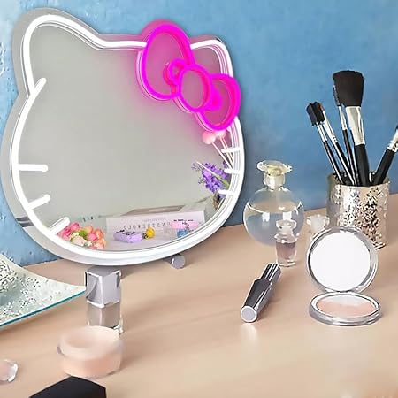 Home Decor Mirrorcat face Shape Mirror,Anime Neon Sign for Dresser, Locker Room,Living Room, Neon Light up Acrylic Mirror with Dimmable