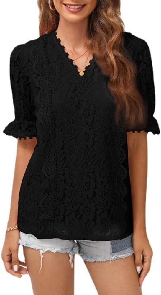 Women's Lace Embroidered Ruffle Short Sleeve Blouses and Tops Dressy Casual V Neckline Tunic Blouse Tops Summer Shirts