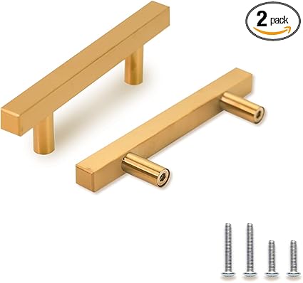 TooCust 2 Pack Brushed Brass Kitchen Cabinet Handles, Cabinet Pulls with 3 Inch (76mm) Hole Centers, Gold Dresser Handle with Brushed Finish, Modern Furniture Drawer Knobs