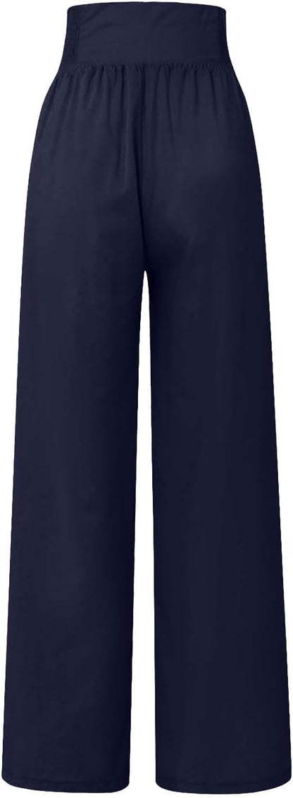 Womens Linen Palazzo Pants 2024 High Waisted Summer Casual Pants Button Decer Boho Flowy Pants Vacation Beach Outfits