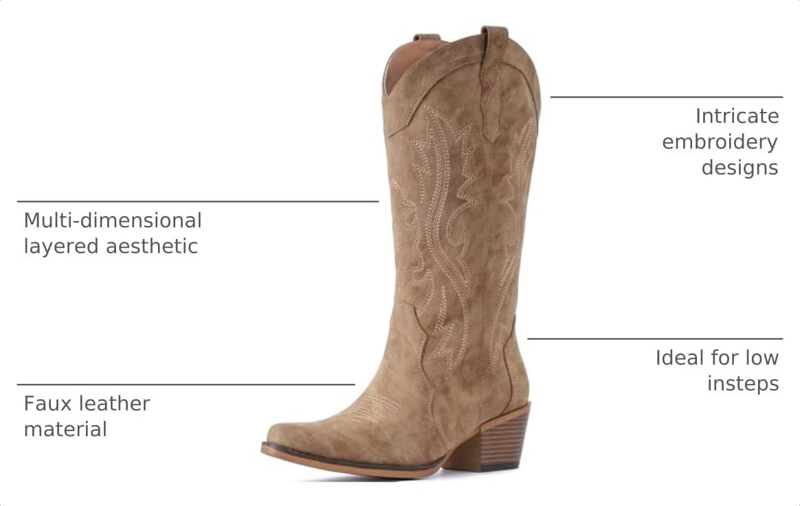 IUV Cowboy Boots For Women Western Cowgirl Boots with Chunky Heel Mid Calf Snip Toe Ideal for low insteps