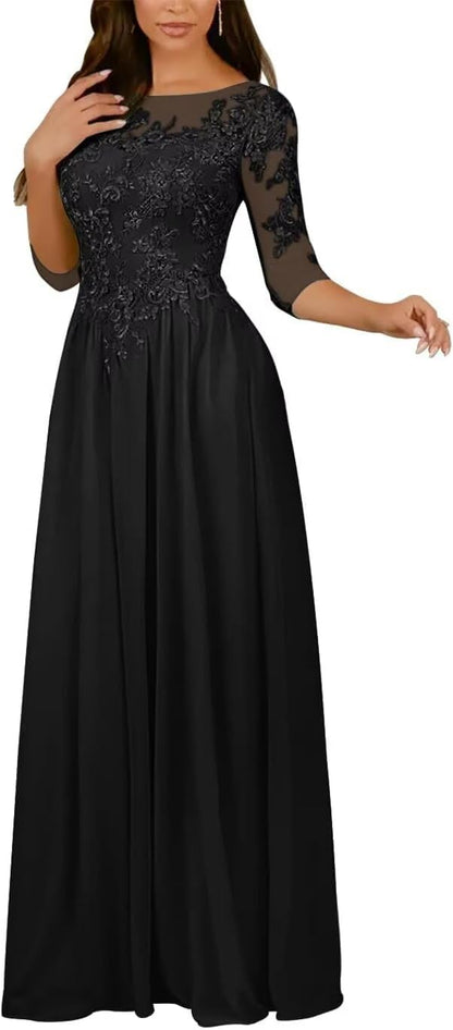DMCDBHY Women's Chiffon Mother of The Bride Dress Lace Applique 3/4 Sleeve Formal Evening Gown