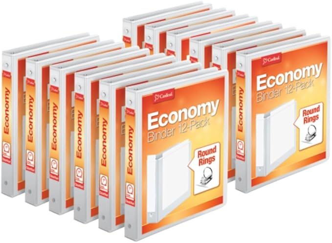 Cardinal 1 Inch 3 Ring Binders, White, 12 Pack, Round Ring Binder, Holds 225 Sheets, PVC Free, Customizable Covers, 2 Pocket View Binders for Office and School Organization