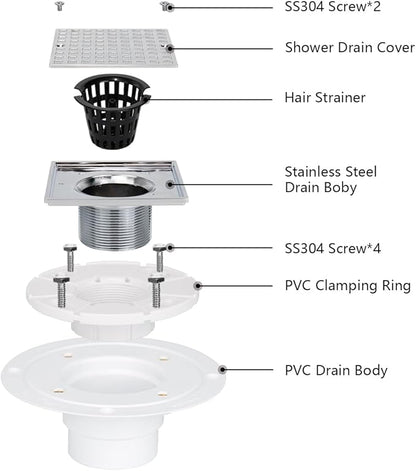 Chrome 4 Inch Square Shower Drain with PVC Flange for 2 or 3 Inch Pipe - Low Profile 304 SS Shower Floor Drain Kit with Hair CarcherCUPC - Strainer for Bathroom,Laundry Room