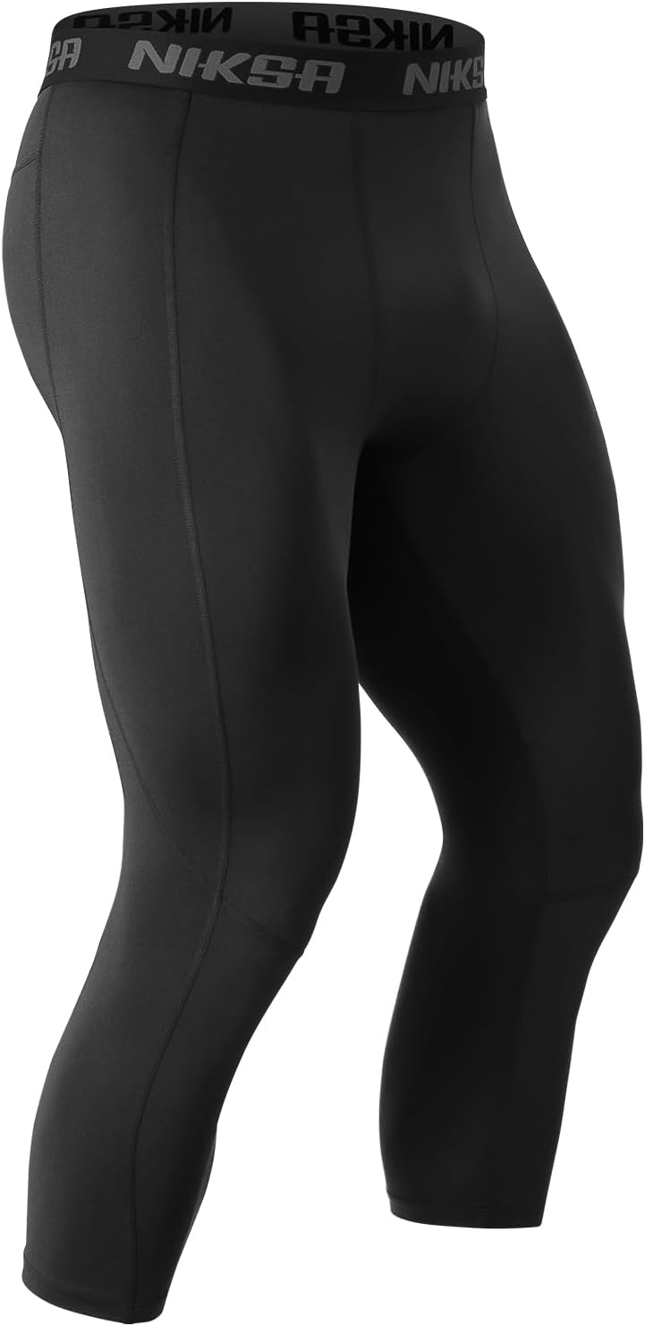 Large, Niksa 3/4 Men's Compression Pants - Athletic Running Capri Tights Quick Dry Basketball Sports Leggings Gym Workout Base Layer.
