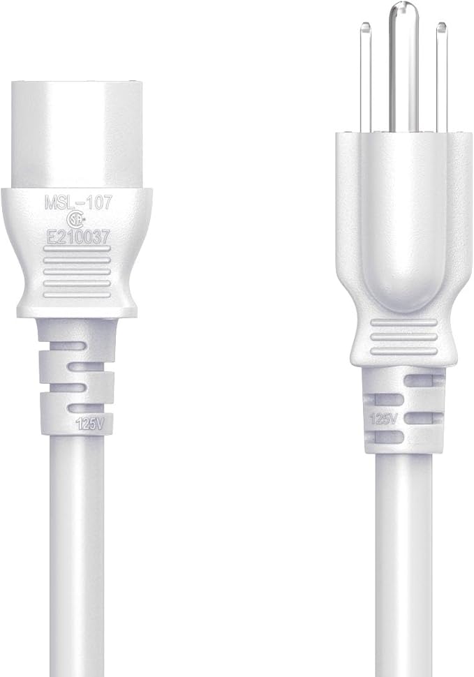 CableLeader 6ft 18 AWG Universal Power Cord IEC320 C13 to NEMA 5-15P, Extension Power Cord, Compatible with Computers, Monitors, Printers  TVs, White