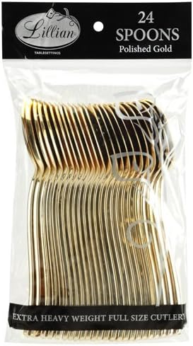 Plastic Cutlery Silverware Extra Heavyweight Disposable Flatware, Full Size Plastic Spoons Like Gold 24 Pack