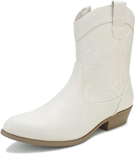 PEPPEP Western Cowgirl Cowboy Ankle Boots for Women or Ladies, Mid Calf, Vegan Leather Embroidered Upper, Low Heel, Fashionable Pointed-toe, Well Made