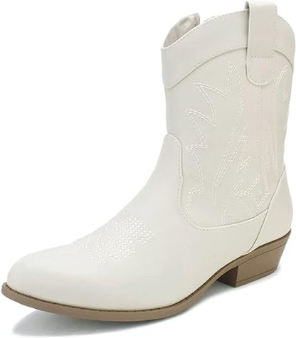 PEPPEP Western Cowgirl Cowboy Ankle Boots for Women or Ladies, Mid Calf, Vegan Leather Embroidered Upper, Low Heel, Fashionable Pointed-toe, Well Made