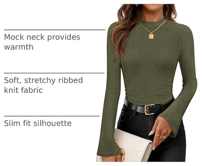 ZESICA Women's Long Sleeve Business Casual Shirts 2026 Fall Mock Neck Ribbed Dressy Tops Slim Fit Outfits Ruched Clothes.
