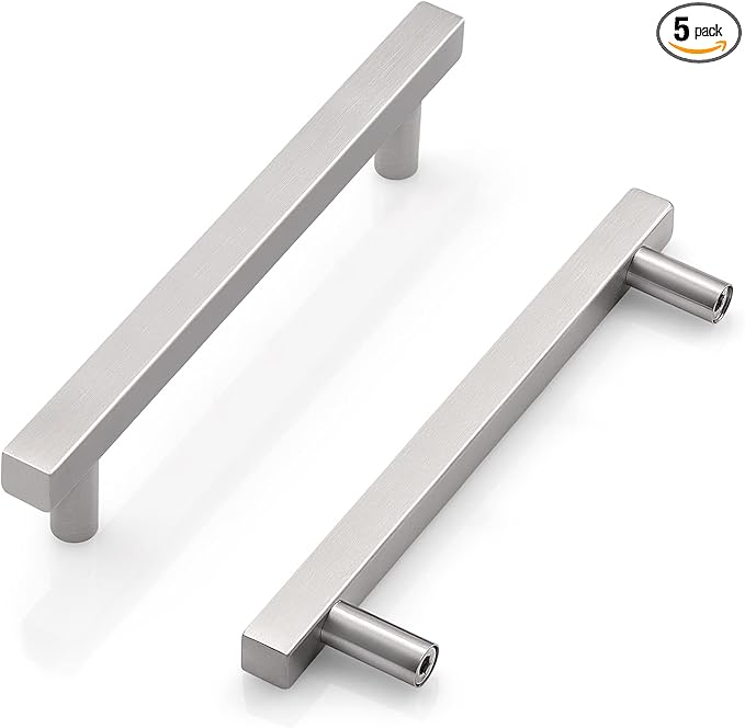 Probrico Cabinet Handles-(Pack of 5) Stainless Steel 4 inch (102mm) Hole Centers Square T Bar Kitchen Cabinet Handles Drawer Pulls for Kitchen Furniture Hardware